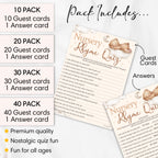 Pack contents for Teddy Bear Nursery Rhyme Quiz baby shower game showing guest cards and included answer card for 10 to 40 players.