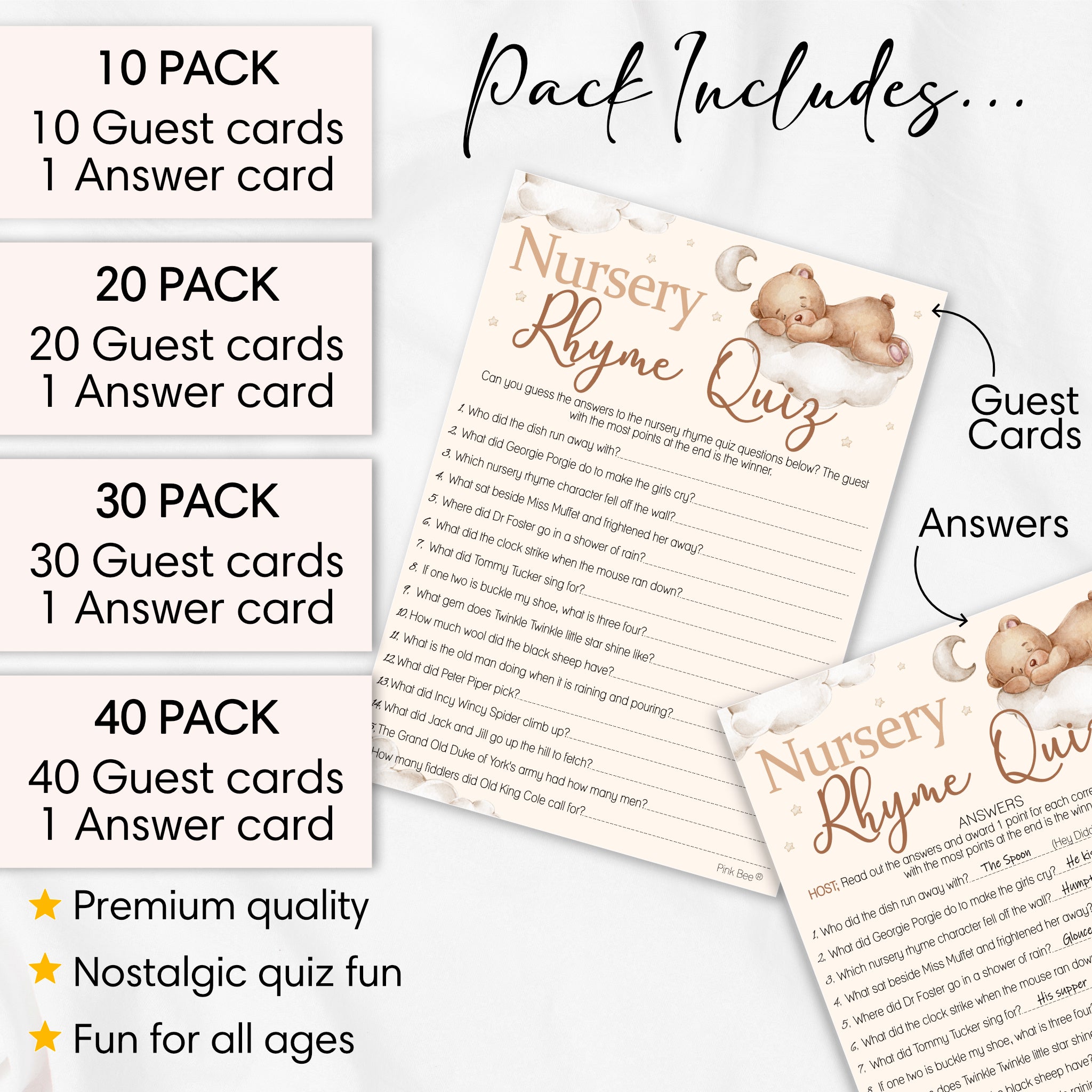 Pack contents for Teddy Bear Nursery Rhyme Quiz baby shower game showing guest cards and included answer card for 10 to 40 players.