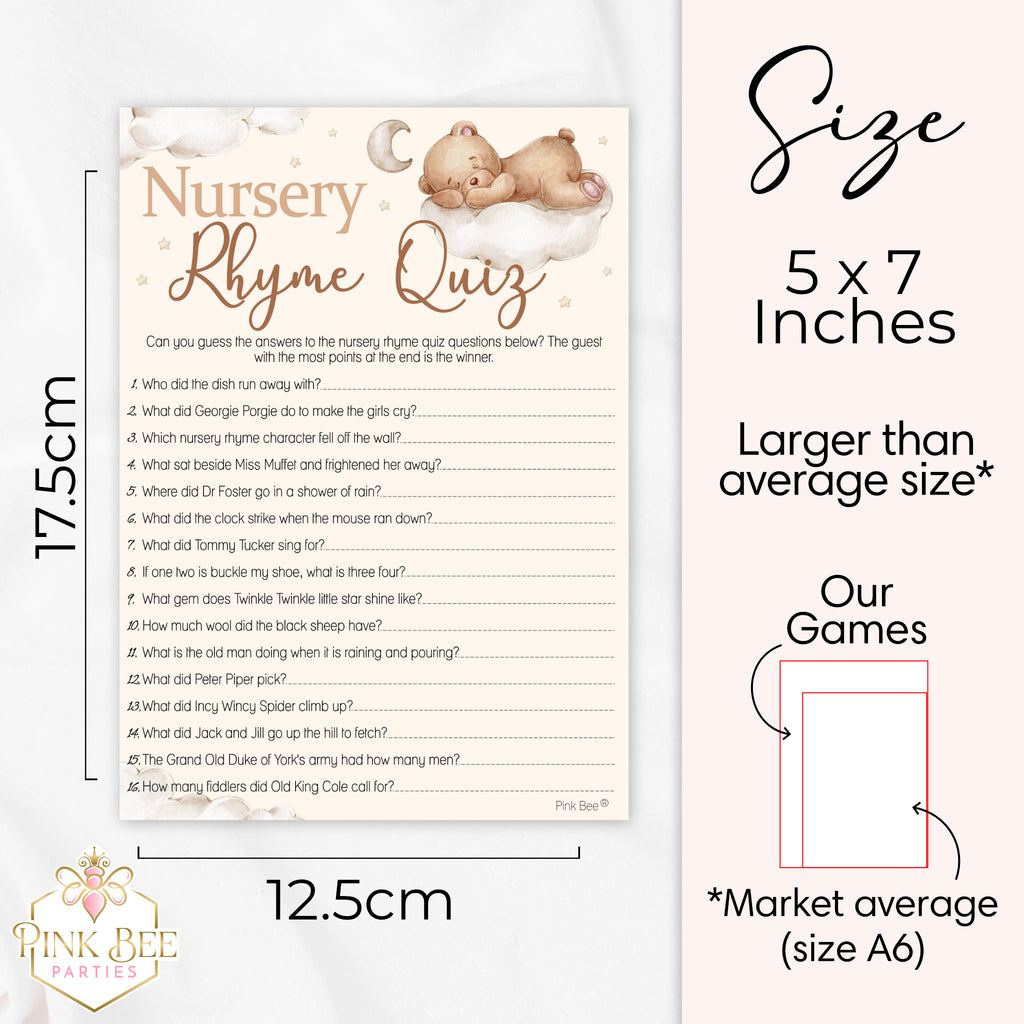 Size guide showing Teddy Bear Nursery Rhyme Quiz baby shower game measuring 12.5 x 17.5 cm (5 x 7 inches).