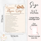 Size guide showing Teddy Bear Nursery Rhyme Quiz baby shower game measuring 12.5 x 17.5 cm (5 x 7 inches).