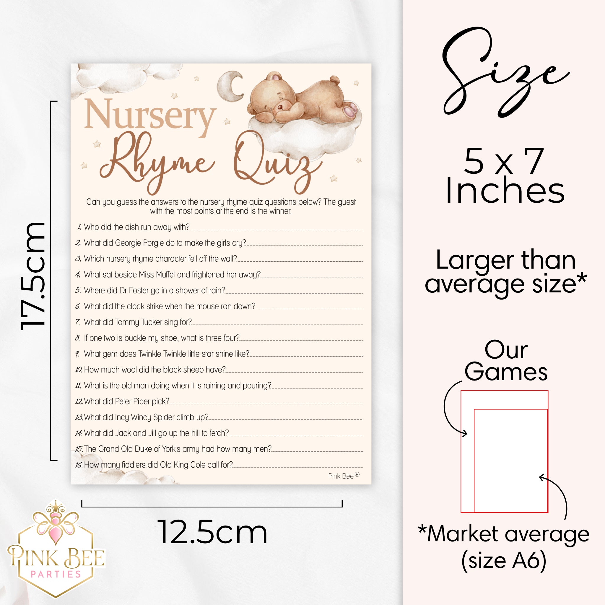Size guide showing Teddy Bear Nursery Rhyme Quiz baby shower game measuring 12.5 x 17.5 cm (5 x 7 inches).