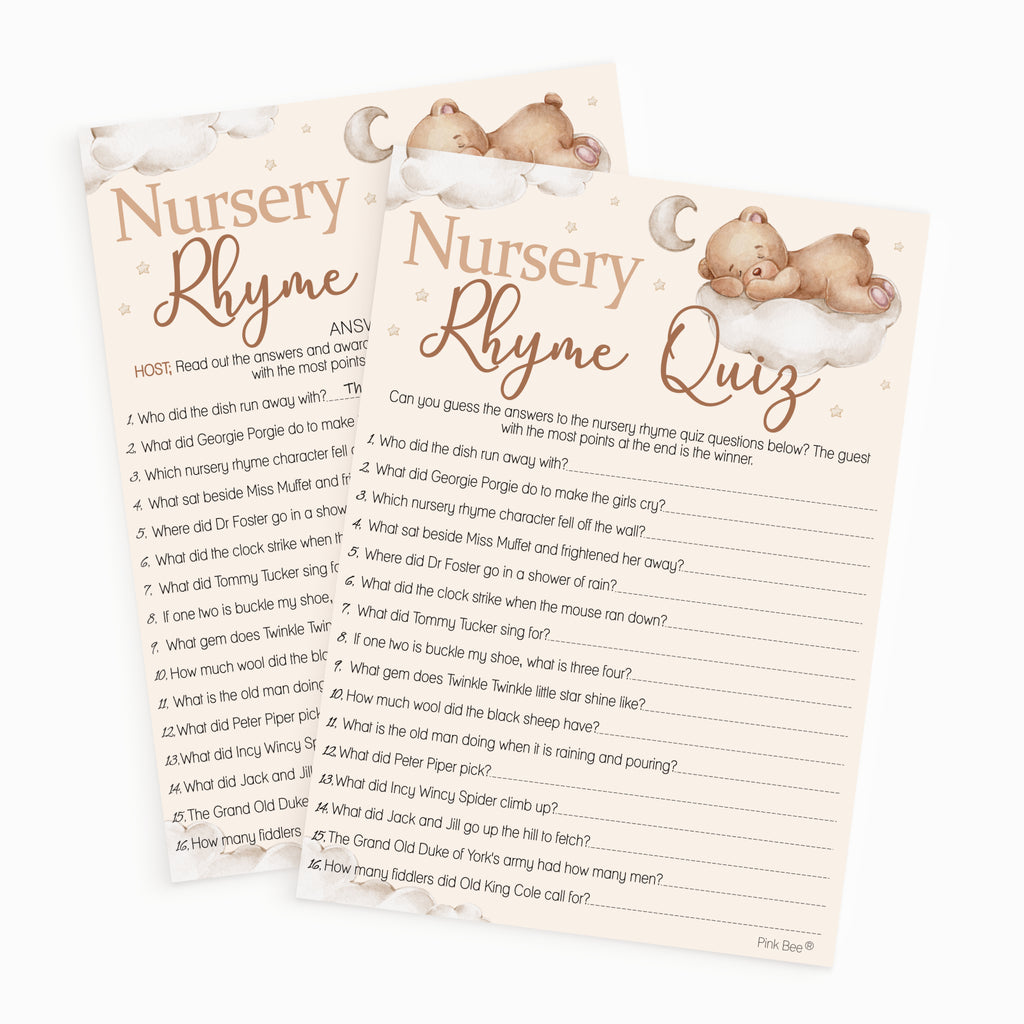 Front and answer cards for the Teddy Bear Nursery Rhyme Quiz baby shower game in a neutral teddy bear theme.