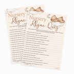 Front and answer cards for the Teddy Bear Nursery Rhyme Quiz baby shower game in a neutral teddy bear theme.