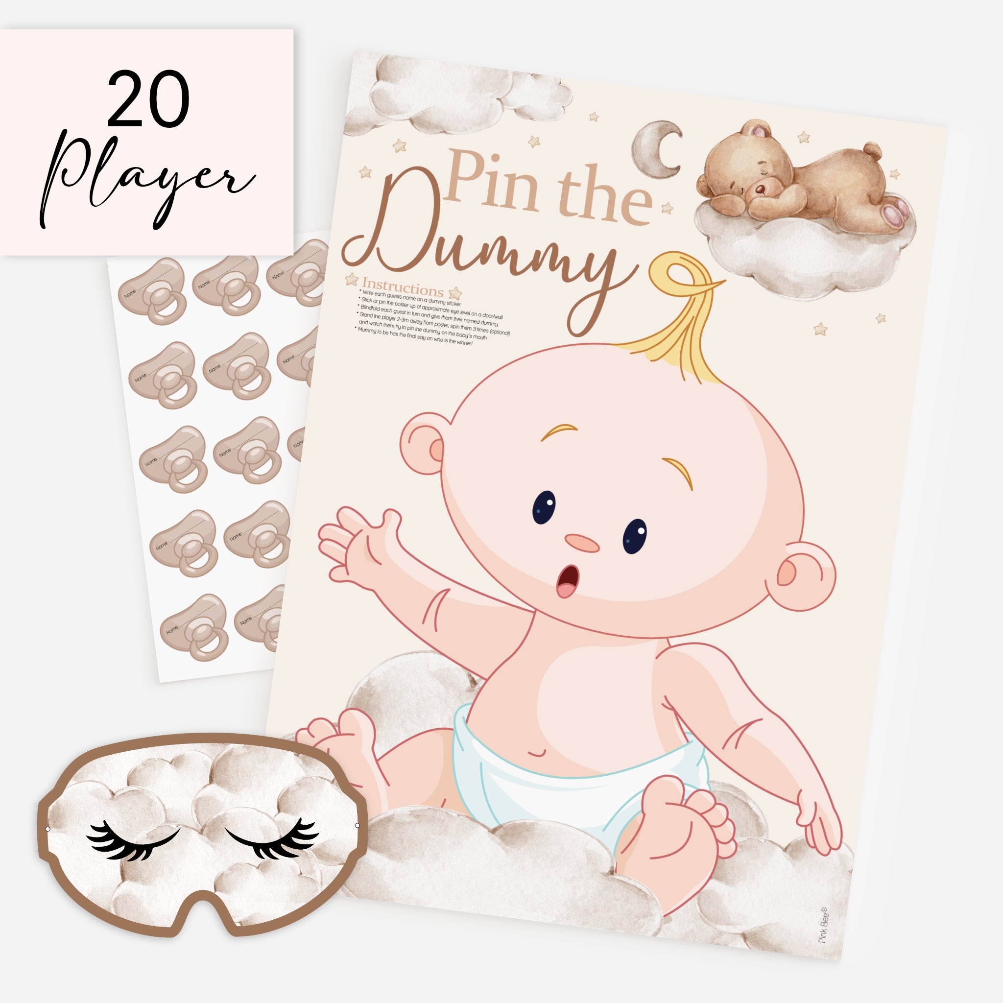 Teddy Bear Pin the Dummy baby shower game 20 player pack with A2 poster, blindfold and 20 dummy stickers.
