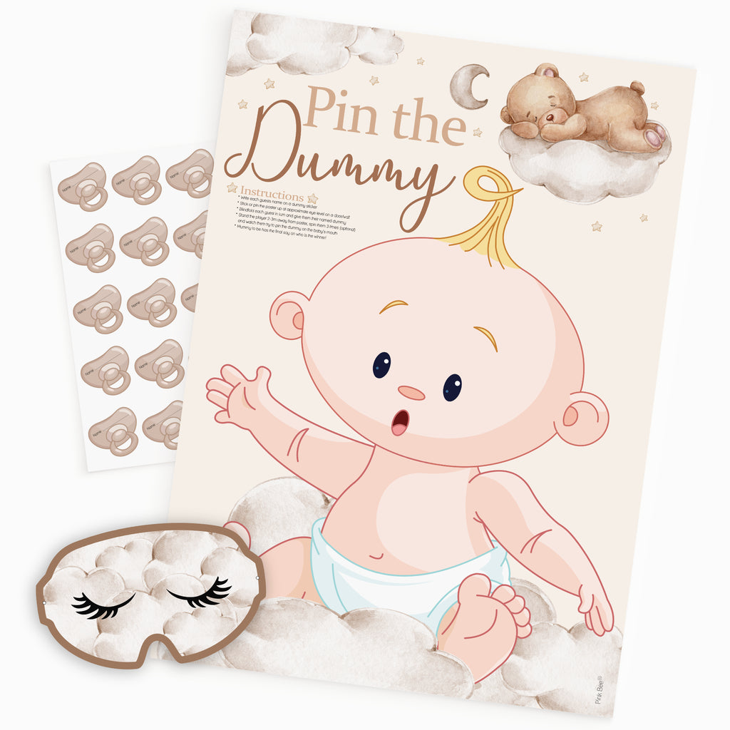 Neutral teddy bear Pin the Dummy baby shower game including A2 poster, blindfold and 20 dummy stickers.