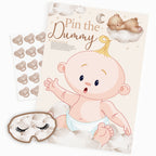 Neutral teddy bear Pin the Dummy baby shower game including A2 poster, blindfold and 20 dummy stickers.