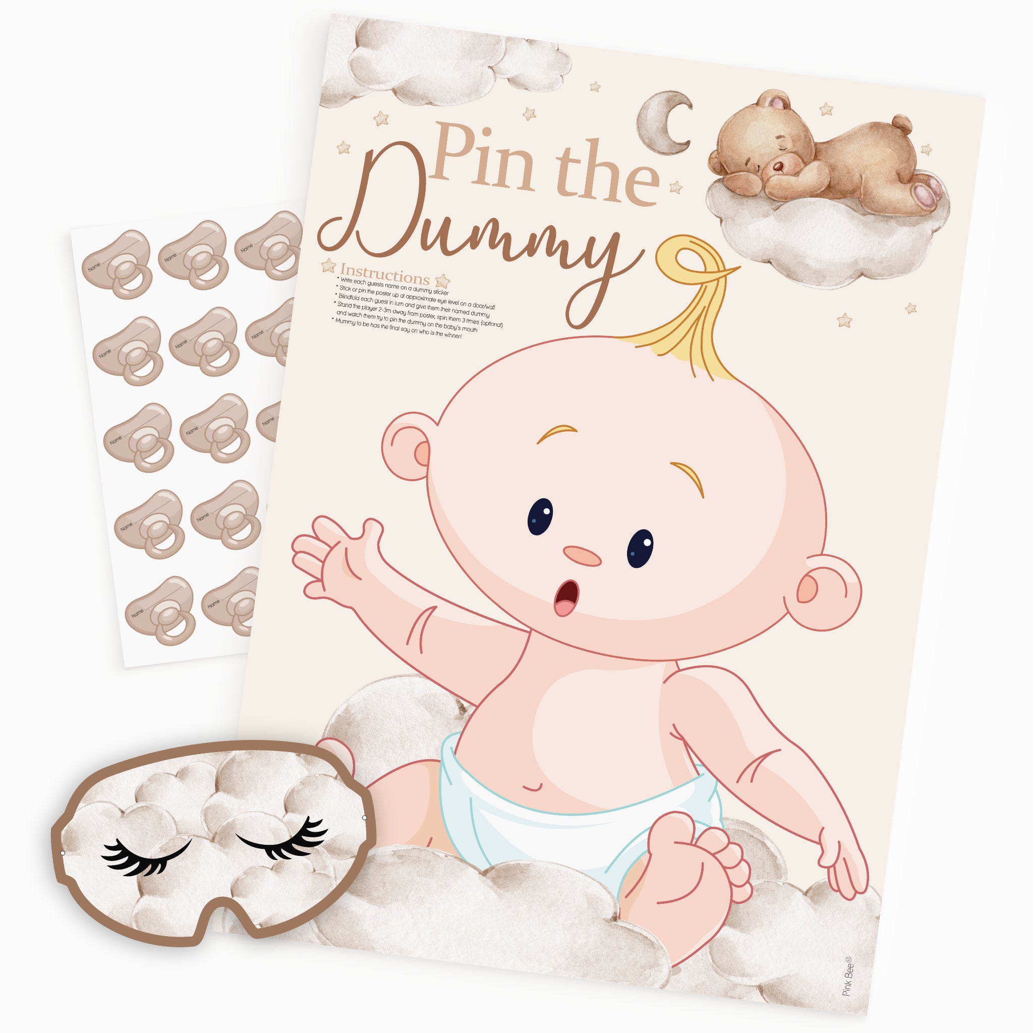 Neutral teddy bear Pin the Dummy baby shower game including A2 poster, blindfold and 20 dummy stickers.