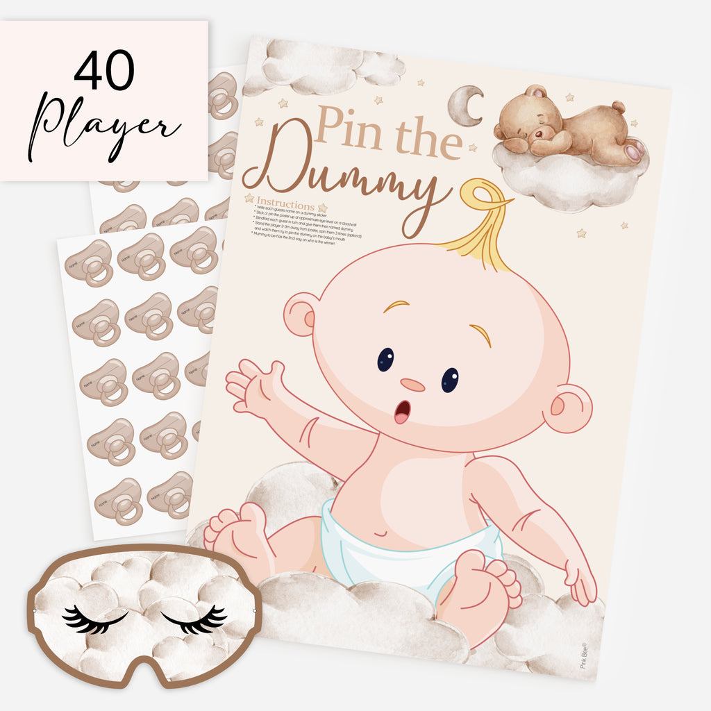 Teddy Bear Pin the Dummy baby shower game 40 player pack with A2 poster, blindfold and 40 dummy stickers.