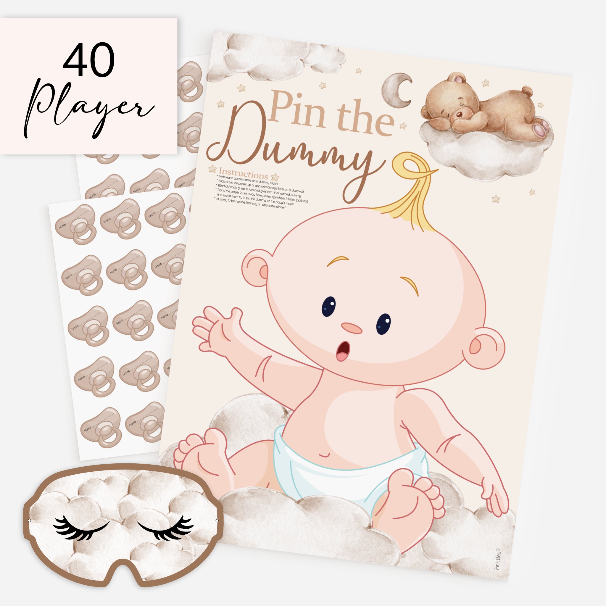 Teddy Bear Pin the Dummy baby shower game 40 player pack with A2 poster, blindfold and 40 dummy stickers.