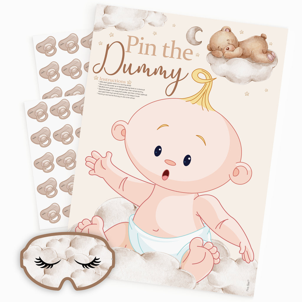 Neutral teddy bear baby shower Pin the Dummy game with A2 poster, blindfold and 40 dummy stickers.
