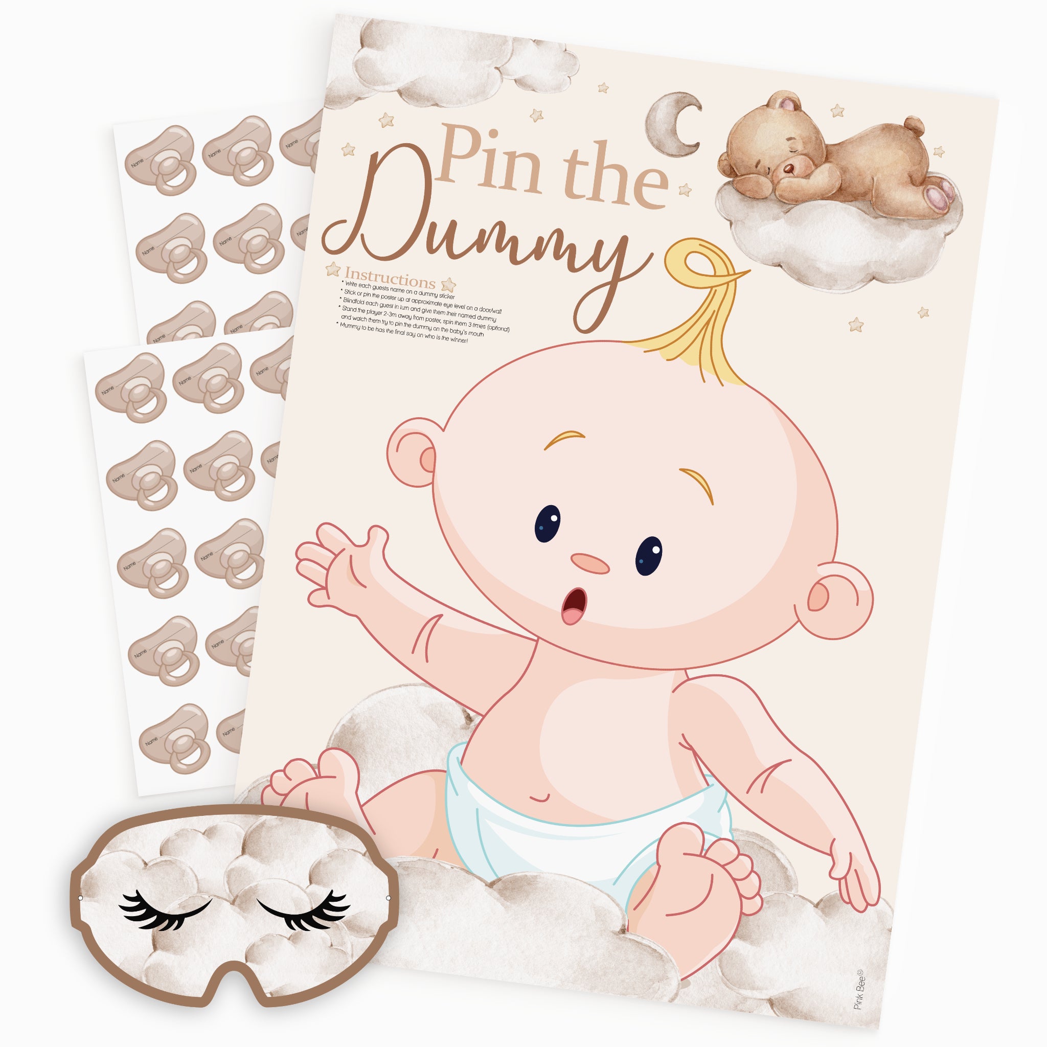 Neutral teddy bear baby shower Pin the Dummy game with A2 poster, blindfold and 40 dummy stickers.