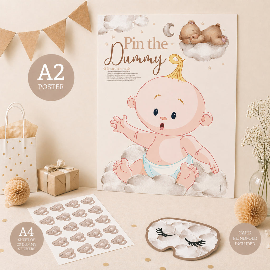Teddy Bear Pin the Dummy baby shower game displayed with A2 poster, blindfold and dummy stickers in neutral party décor.