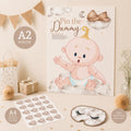 Teddy Bear Pin the Dummy baby shower game displayed with A2 poster, blindfold and dummy stickers in neutral party décor.
