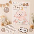 Teddy Bear Pin the Dummy baby shower game displayed with A2 poster, blindfold and dummy stickers in neutral party décor.