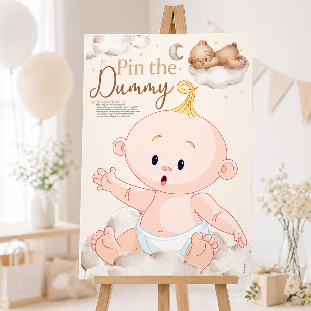Teddy Bear Pin the Dummy baby shower game displayed on an easel as neutral teddy bear party decoration.