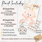 Pack contents for Teddy Bear Pin the Dummy baby shower game showing A2 poster, blindfold and 20 or 40 dummy stickers.