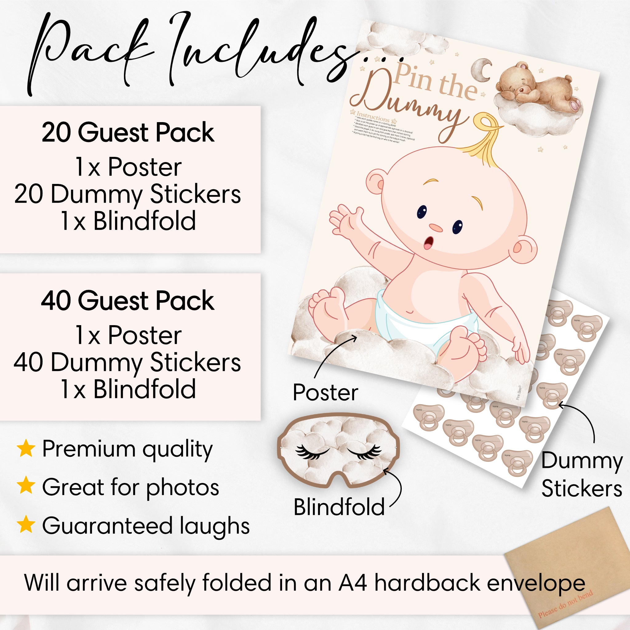 Pack contents for Teddy Bear Pin the Dummy baby shower game showing A2 poster, blindfold and 20 or 40 dummy stickers.