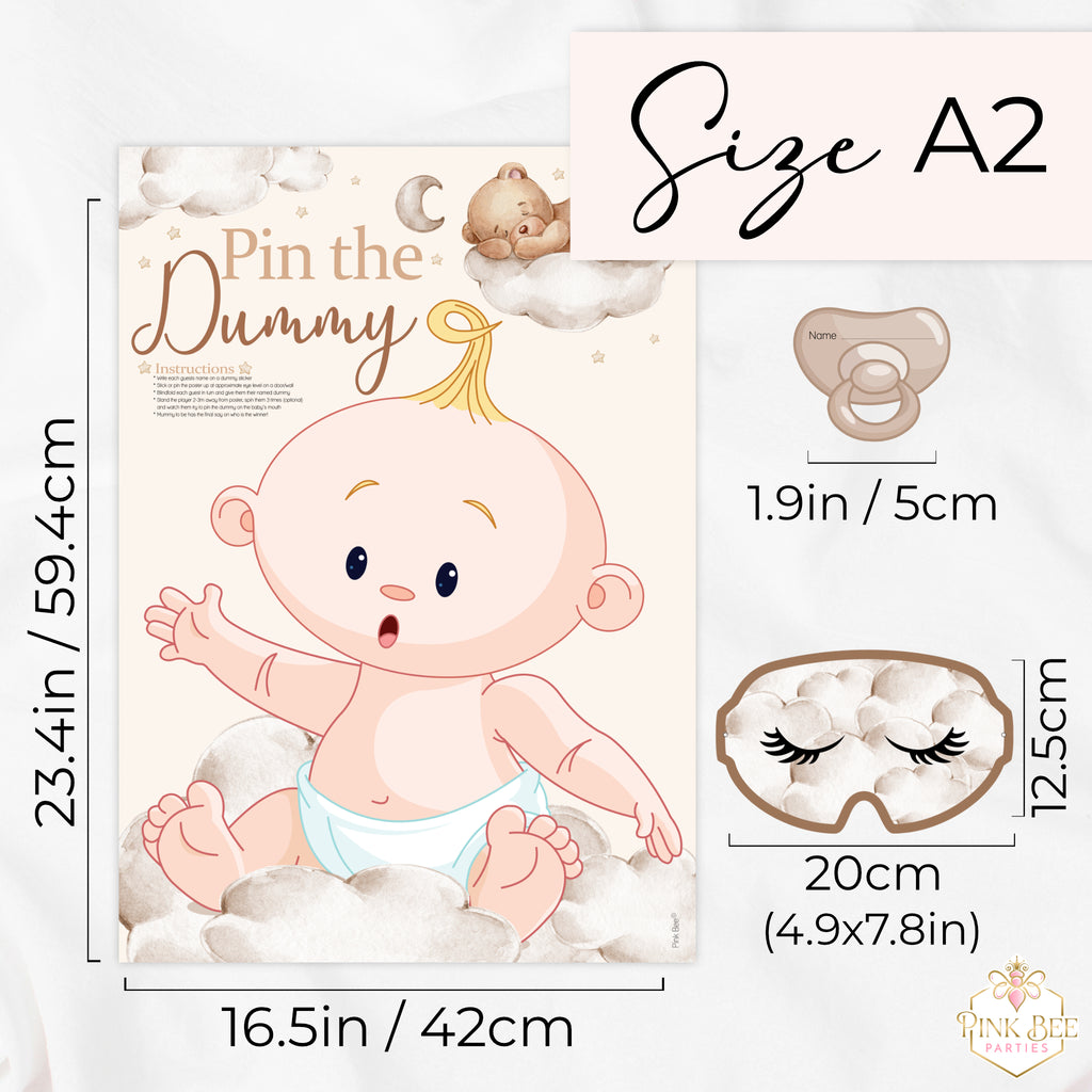Size guide for Teddy Bear Pin the Dummy baby shower game showing A2 poster dimensions, blindfold size and dummy sticker size.