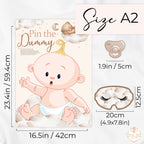 Size guide for Teddy Bear Pin the Dummy baby shower game showing A2 poster dimensions, blindfold size and dummy sticker size.