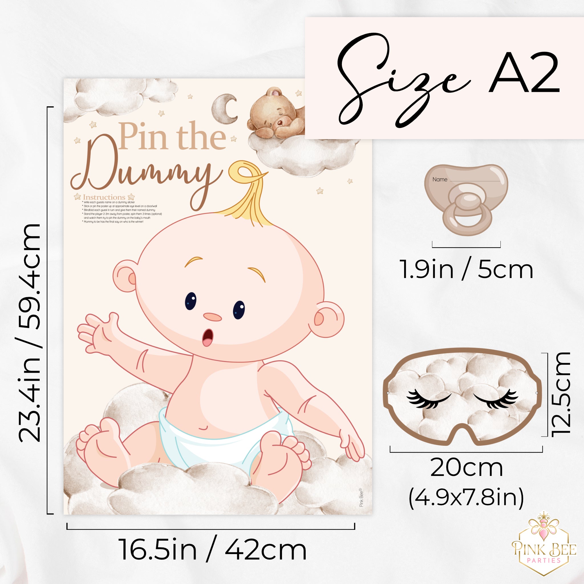 Size guide for Teddy Bear Pin the Dummy baby shower game showing A2 poster dimensions, blindfold size and dummy sticker size.