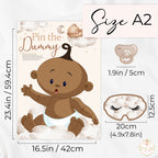 Size guide for the Ethnic Teddy Bear Pin the Dummy baby shower game showing A2 poster dimensions and blindfold measurements.
