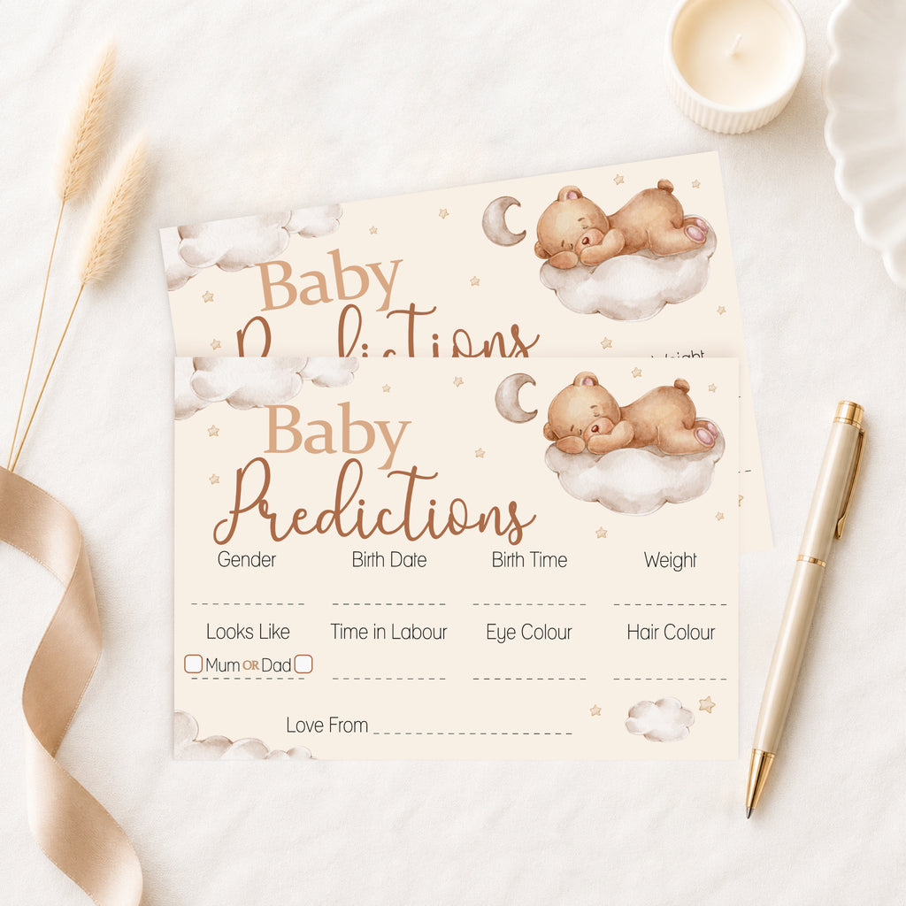 Teddy Bear Baby Prediction Cards keepsake baby shower activity with two A6 prediction cards on neutral fabric beside ribbon and pen.