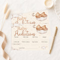 Teddy Bear Baby Prediction Cards keepsake baby shower activity with two A6 prediction cards on neutral fabric beside ribbon and pen.