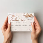 Hands holding Teddy Bear Baby Prediction Card showing premium A6 keepsake design for baby shower guests.