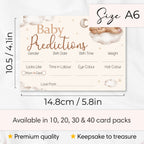 Teddy Bear Baby Prediction Cards size guide showing A6 dimensions 10.5 x 14.8cm available in 10, 20, 30 and 40 card packs.