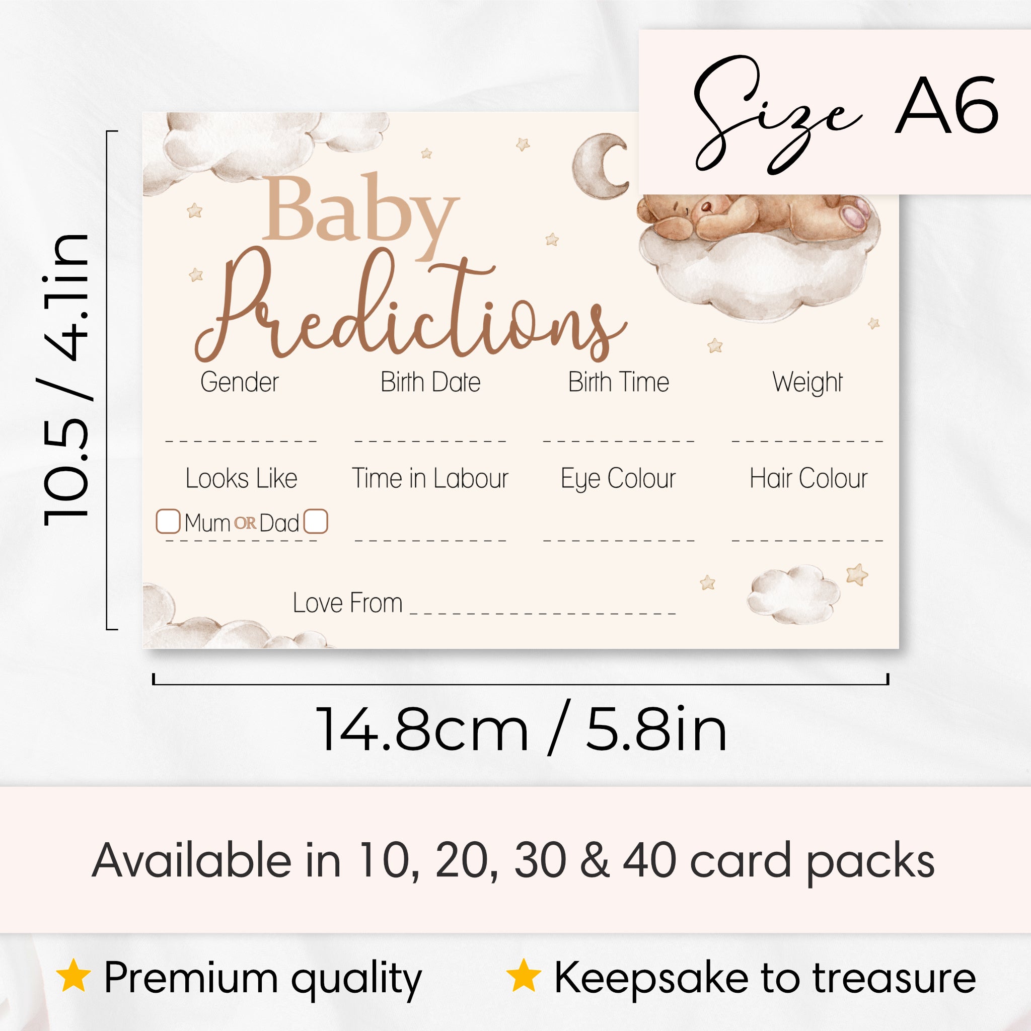 Teddy Bear Baby Prediction Cards size guide showing A6 dimensions 10.5 x 14.8cm available in 10, 20, 30 and 40 card packs.