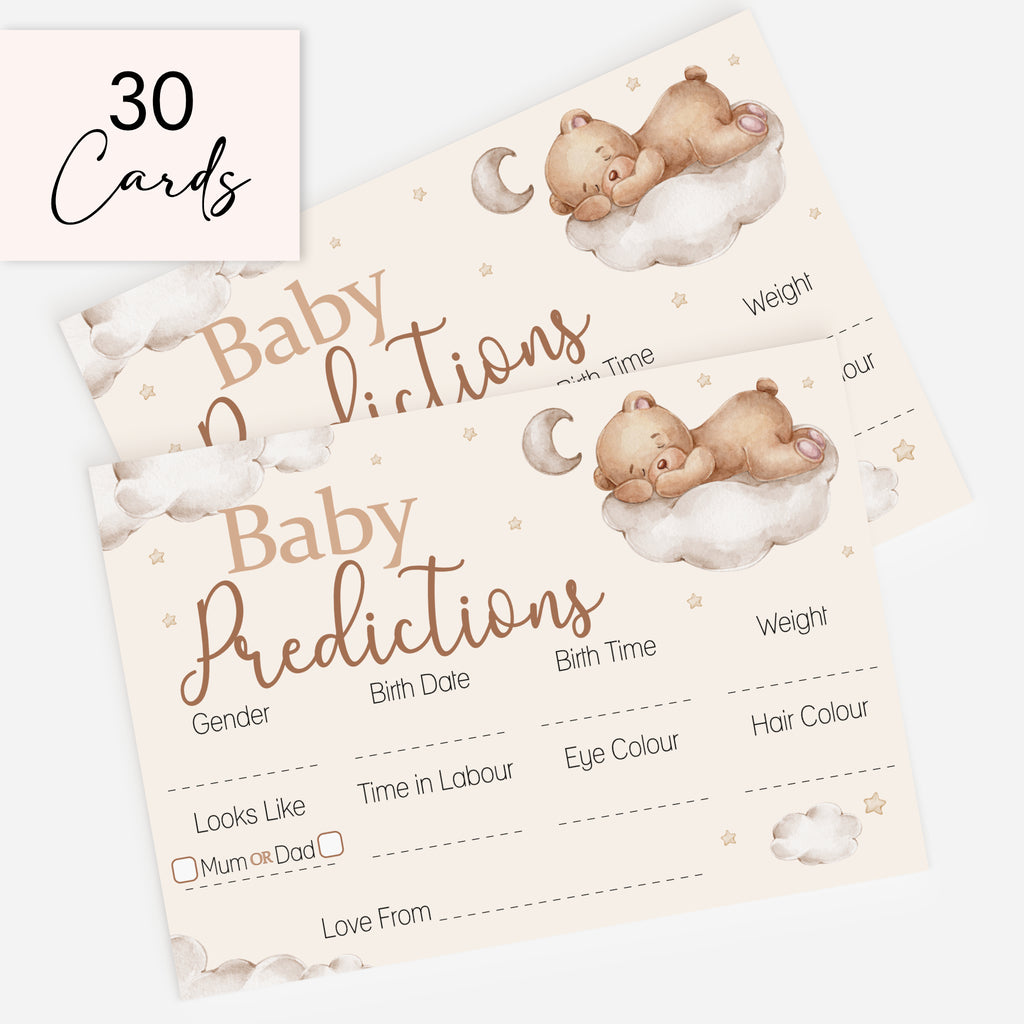 Pack of 30 Teddy Bear Baby Prediction Keepsake Cards with neutral teddy bear design.