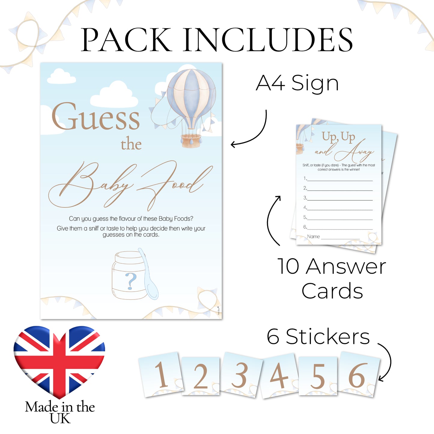 Hot Air Balloon theme; Up, Up and Away Baby Shower Game Guess the Baby Food Game in Blue
