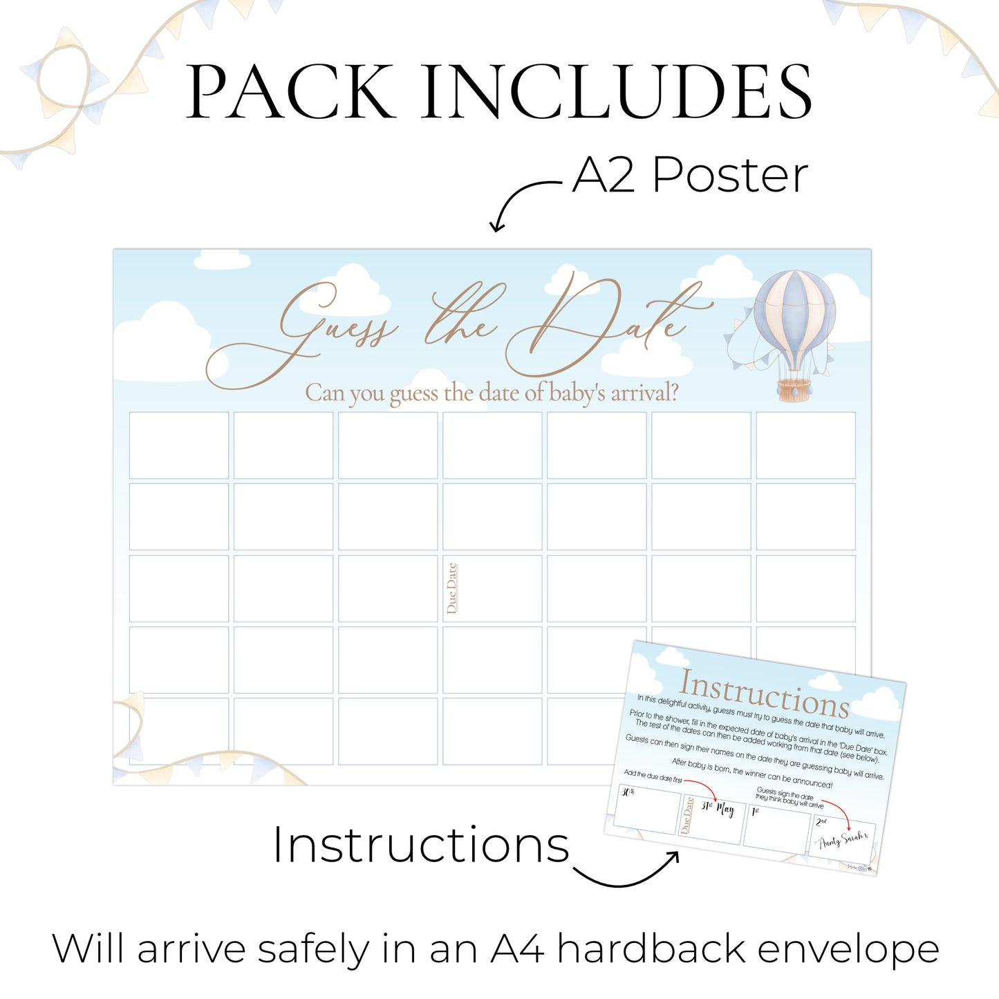 Up, Up and Away Guess the Date Baby Shower Activity in Blue