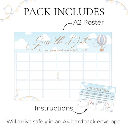 Up, Up and Away Guess the Date Baby Shower Activity in Blue