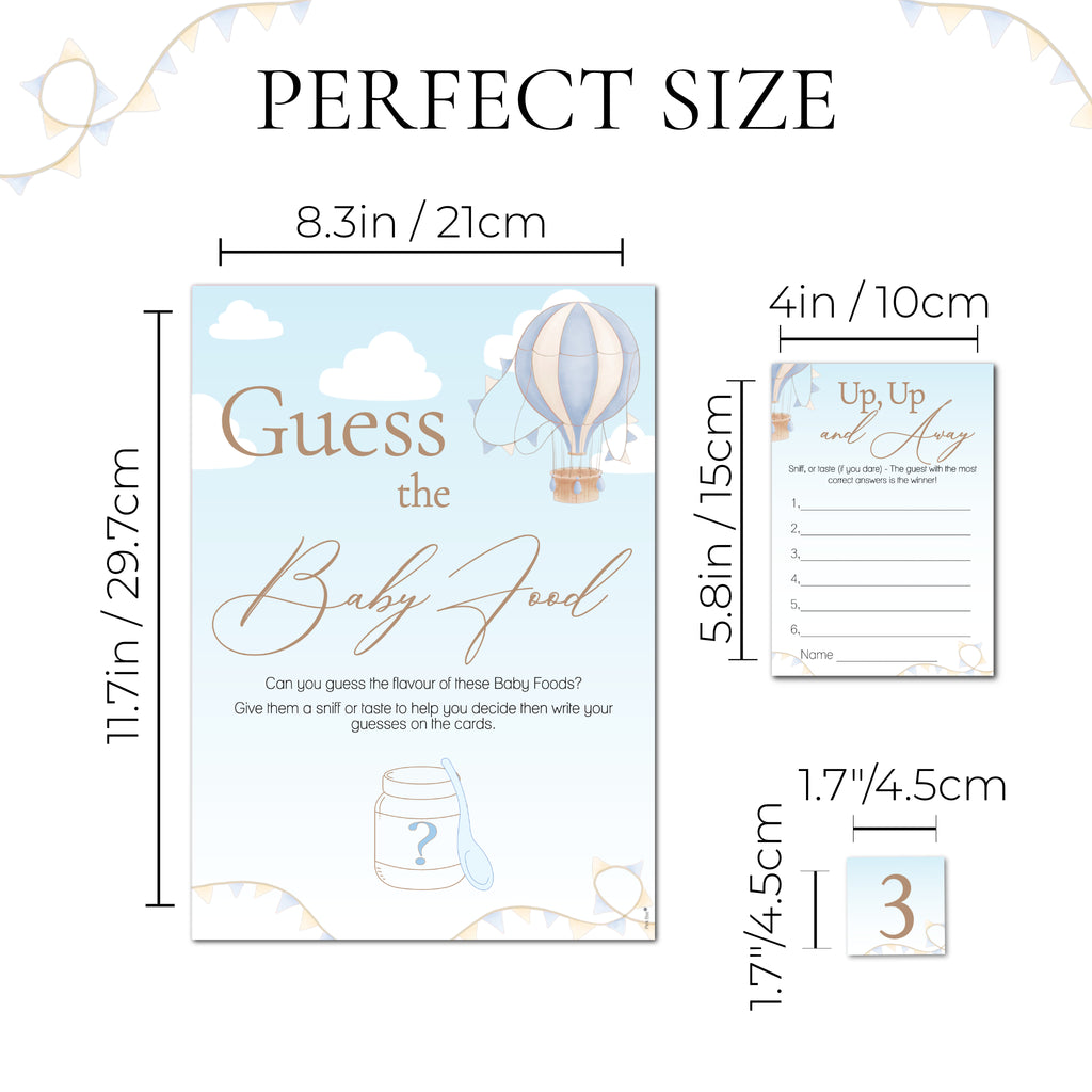 Hot Air Balloon theme; Up, Up and Away Baby Shower Game Guess the Baby Food Game in Blue