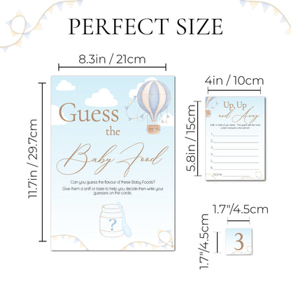 Hot Air Balloon theme; Up, Up and Away Baby Shower Game Guess the Baby Food Game in Blue