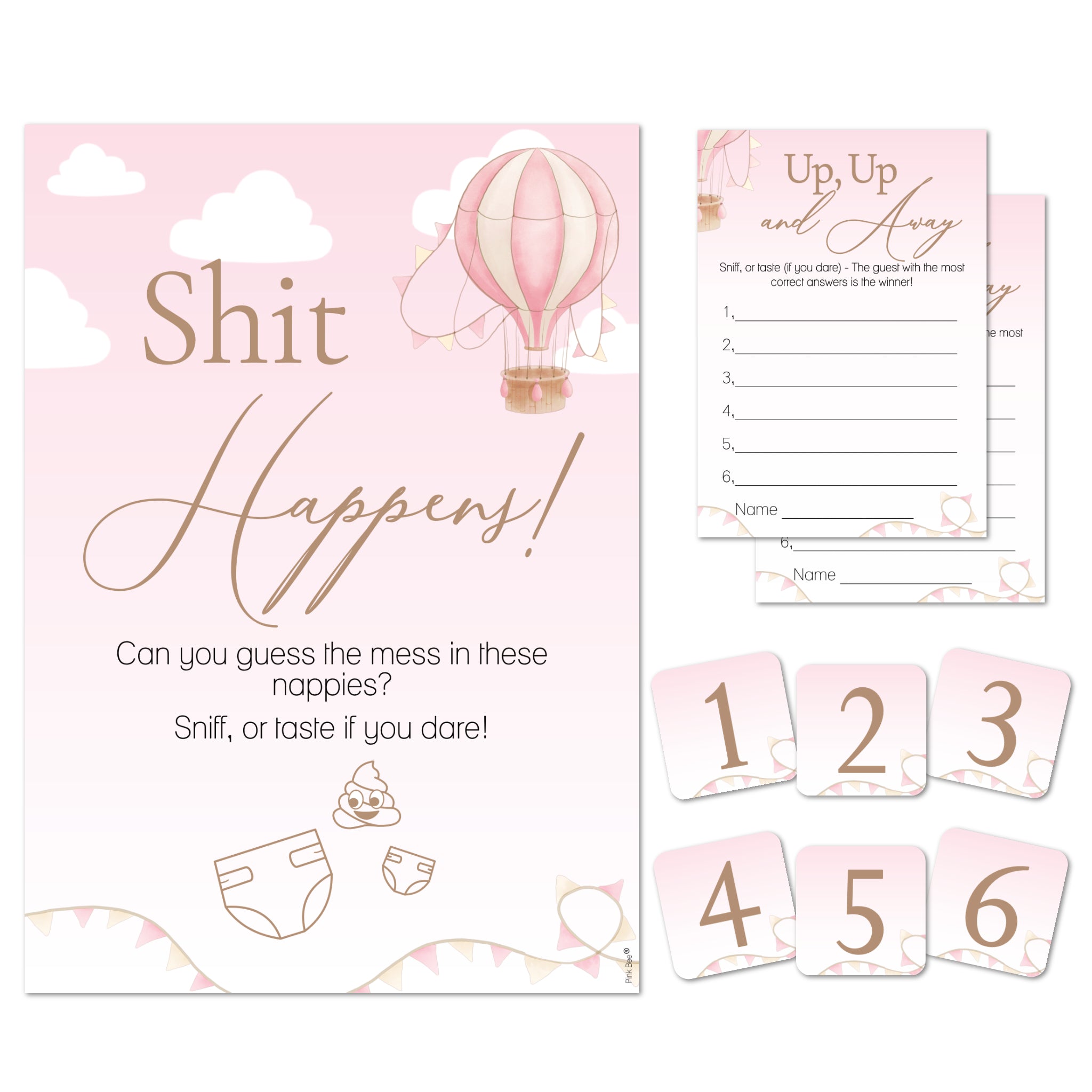 Hot Air Balloon Theme; Up Up and Away Baby Shower Game - Shit Happens! In Pink