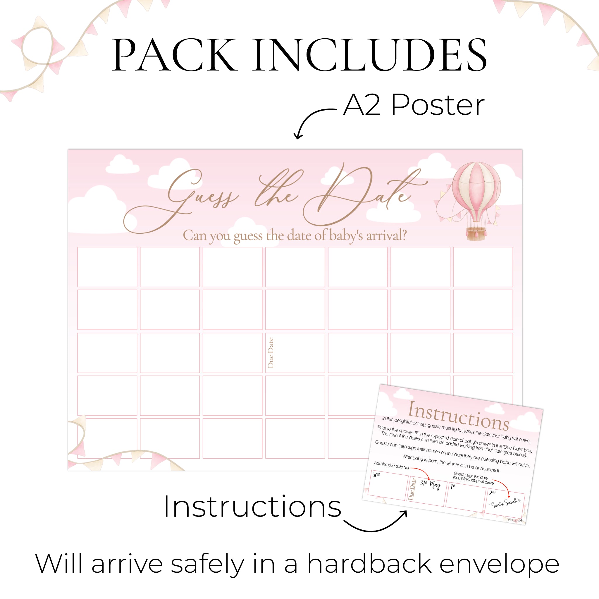 Up, Up and Away Guess the Date Baby Shower Activity in Pink