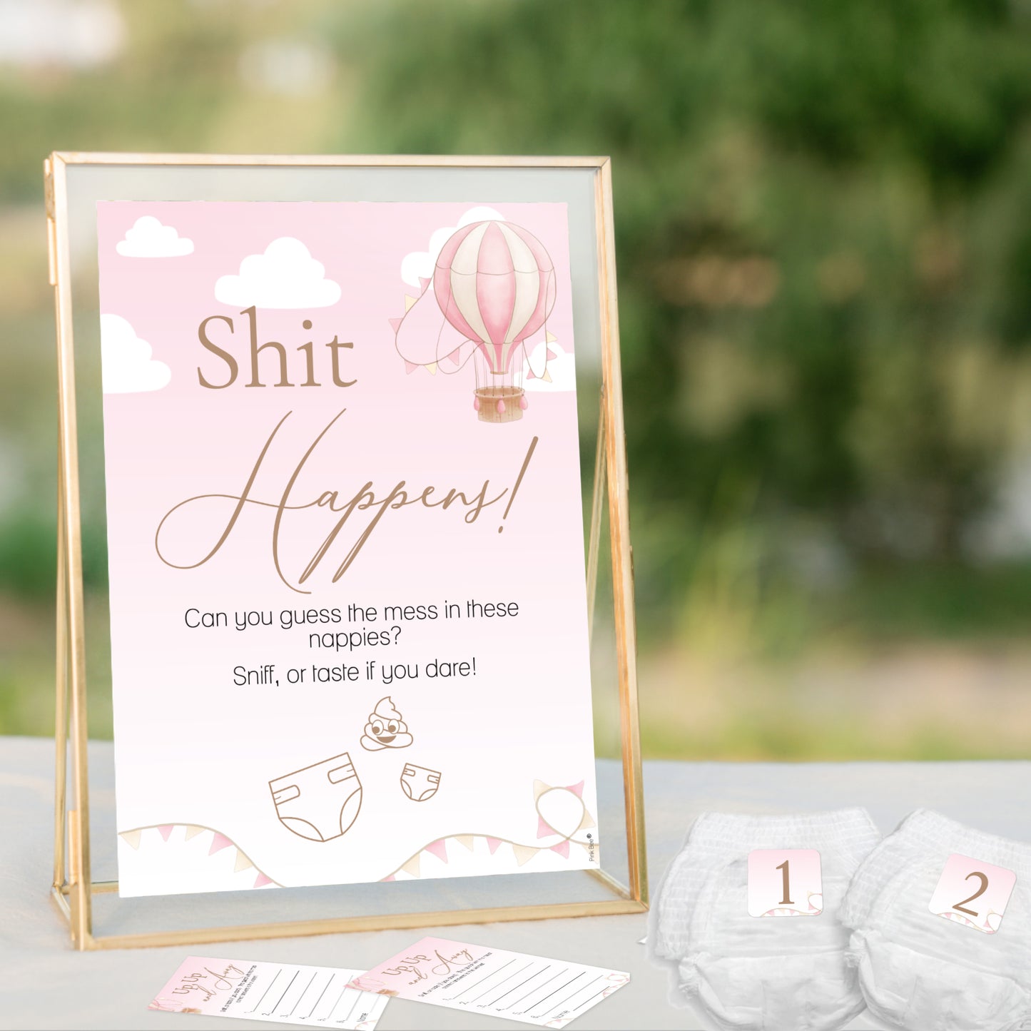 Hot Air Balloon Theme; Up Up and Away Baby Shower Game - Shit Happens! In Pink