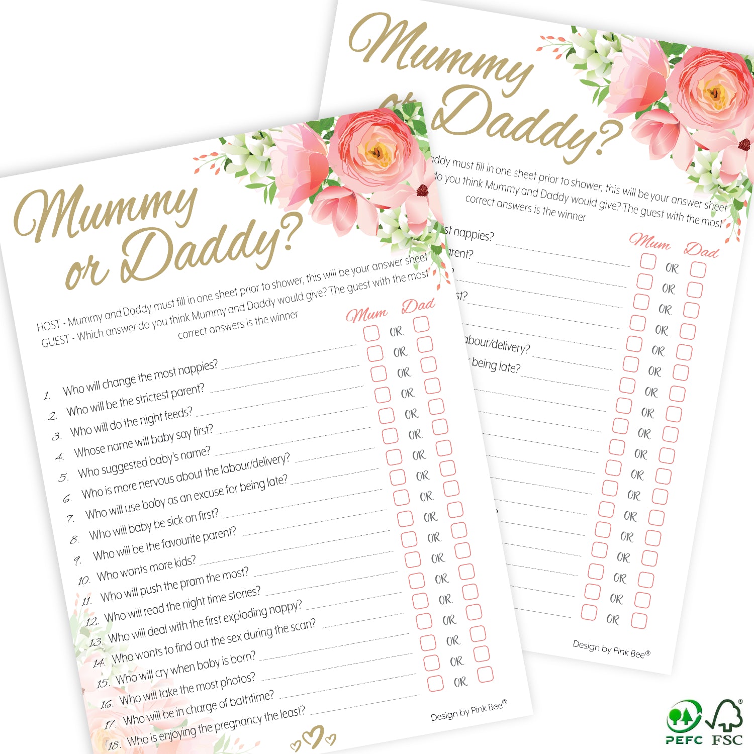 Pink Floral Mummy or Daddy Party Game