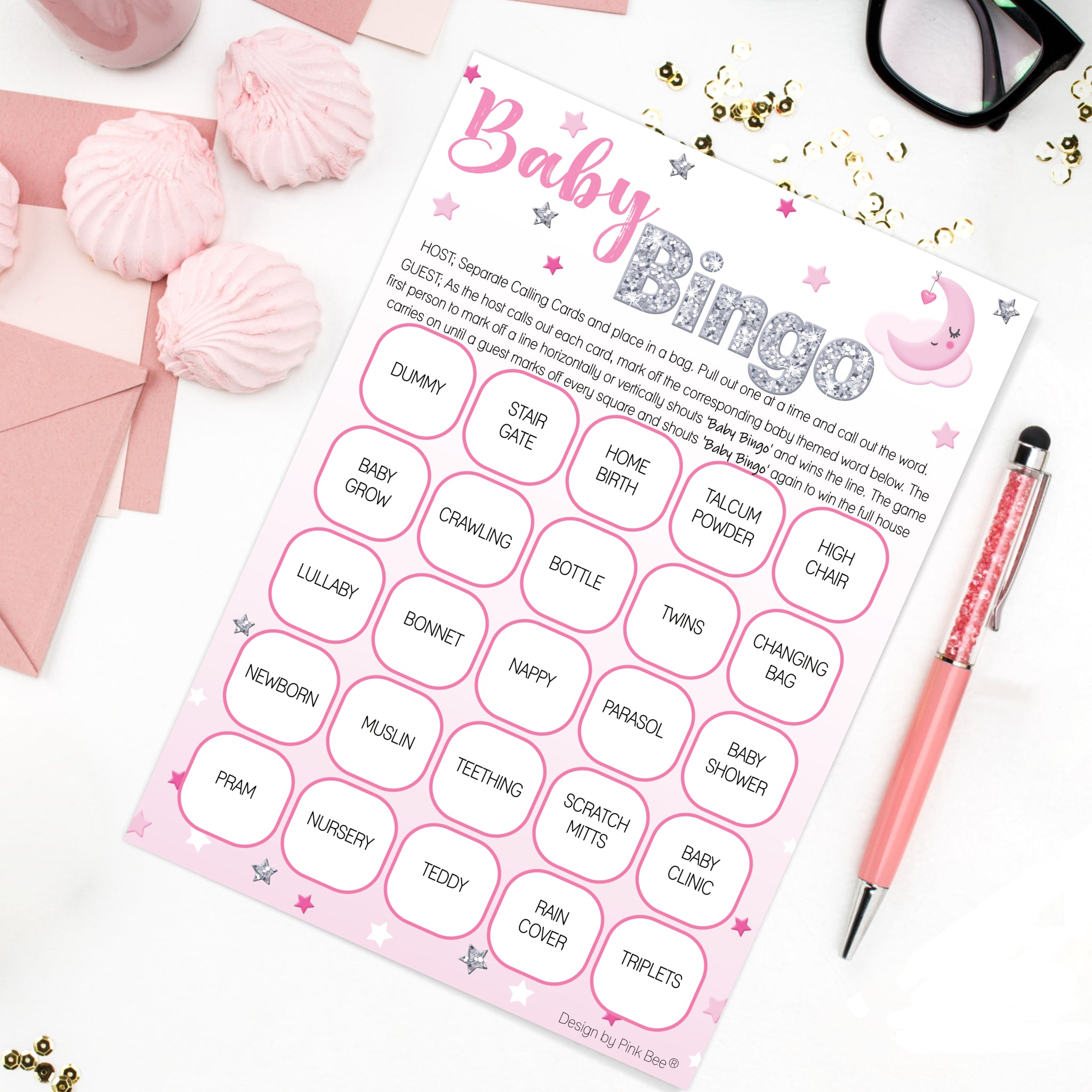 Pink Moon and Stars Baby Bingo Game
